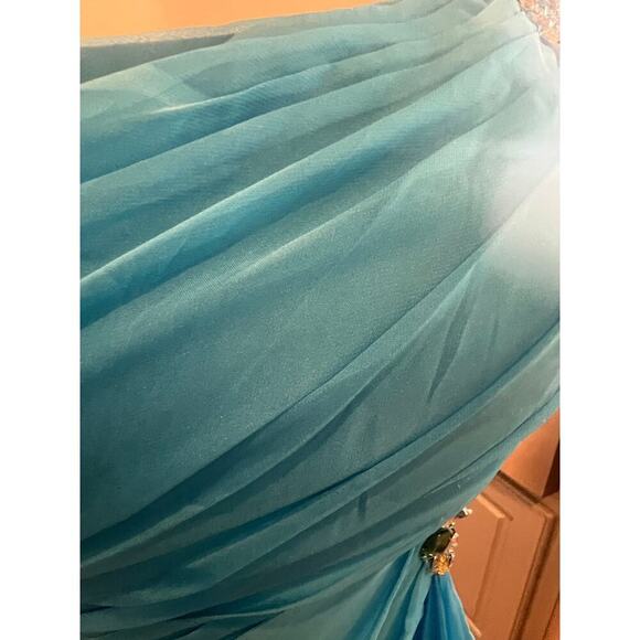 PRECIOUS FORMAL NWT BLUE JEWELED ONE SHOULDER GOWN WAIST JEWELED CUTOUT WOMENS 4 - Picture 11 of 16